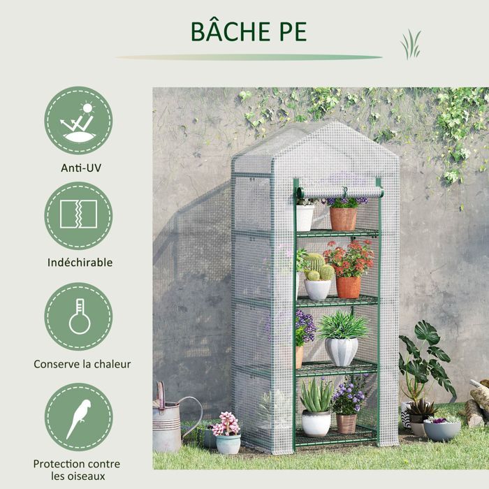 Invernadero de jardín Outsunny - Estantes de PE, 4 niveles, balcón, lona reforzada de 140 g/m², para flores - acero - 70x50x160cm - blanco