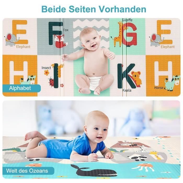 Baby play mat, double-sided crawling mat, animal and alphabet designs, foldable floor mat 200 x 180 x 1 cm