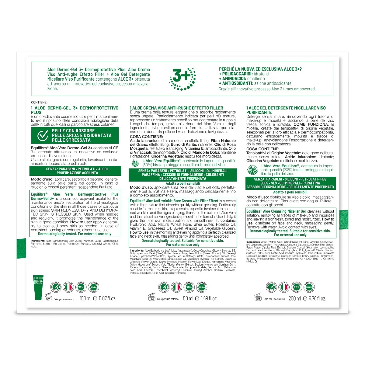 Equilibra huidverzorgingsset: Equilibra Aloë 3+ Dermoprotectieve Gel Plus 150 ml + Anti-rimpel gezichtscrème met opvullend effect 50 ml + Micellaire reinigingsgel 200 ml