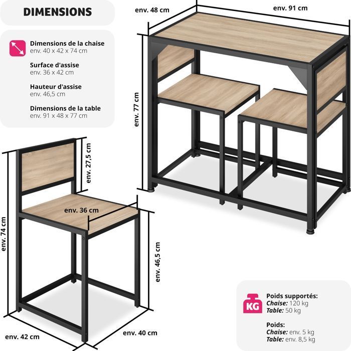 Mesa de comedor con sillas - TECTAKE - MILTON, conjunto de comedor de 2 plazas estilo industrial vintage - Madera clara