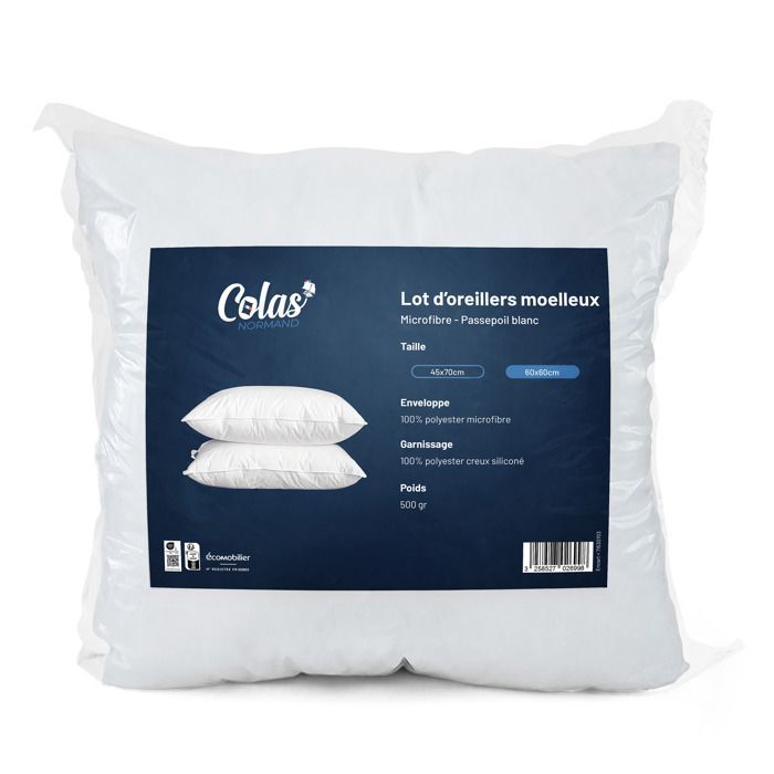 Juego de 2 almohadas suaves – 60x60 cm – Microfibra suave – Fabricadas en Francia – Colas Normand