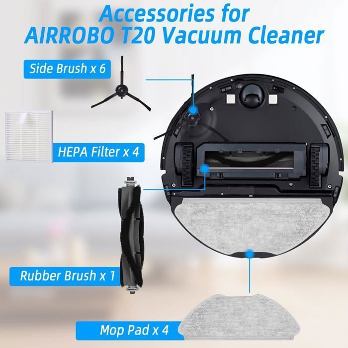 Kit di accessori per aspirapolvere AIRROBO T20: 4 filtri HEPA, 4 panni per la pulizia, 6 spazzole laterali, 4 sacchetti per la polvere.