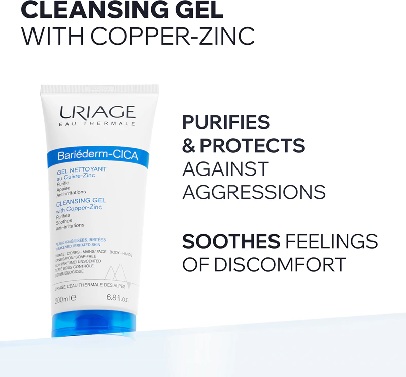 Uriage Bariéderm Cica Gel de Limpeza com Cobre-Zinco: gel de limpeza calmante para pele rachada.