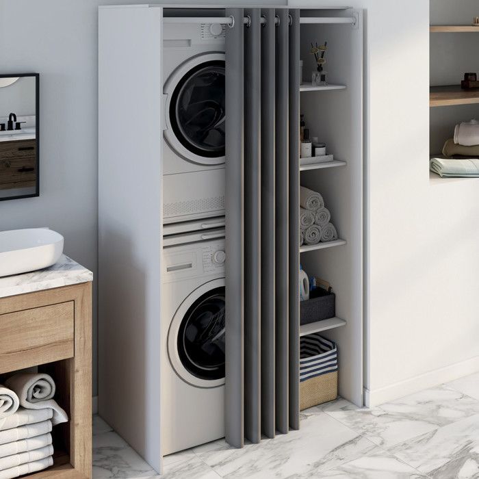 IDMARKET Meuble de buanderie double machine à laver avec rideau coulissant WALLIS blanc