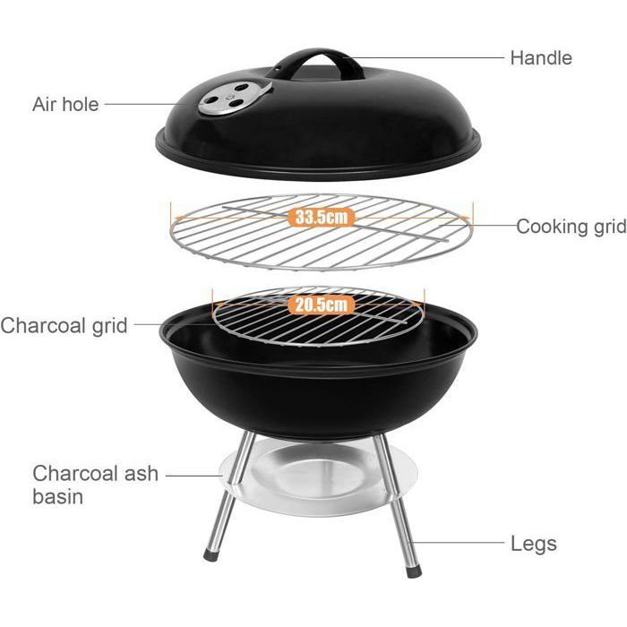 SunJas Charcoal Barbecue with Lid, Portable BBQ Grill for Garden or Balcony - Round φ33CM