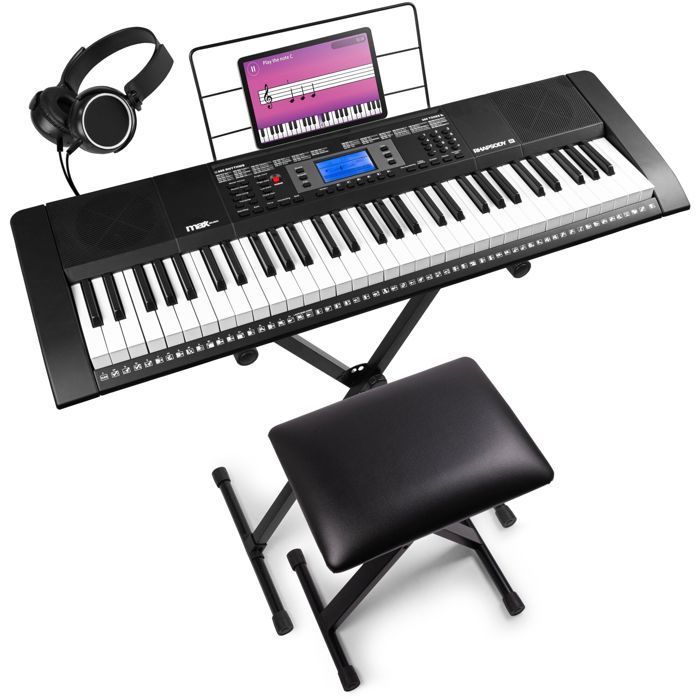 Max Rhapsody61 – 61-Tasten-Elektronik-Komplettset für Einsteiger – mit Bank, Ständer, Mikrofon und Kopfhörern