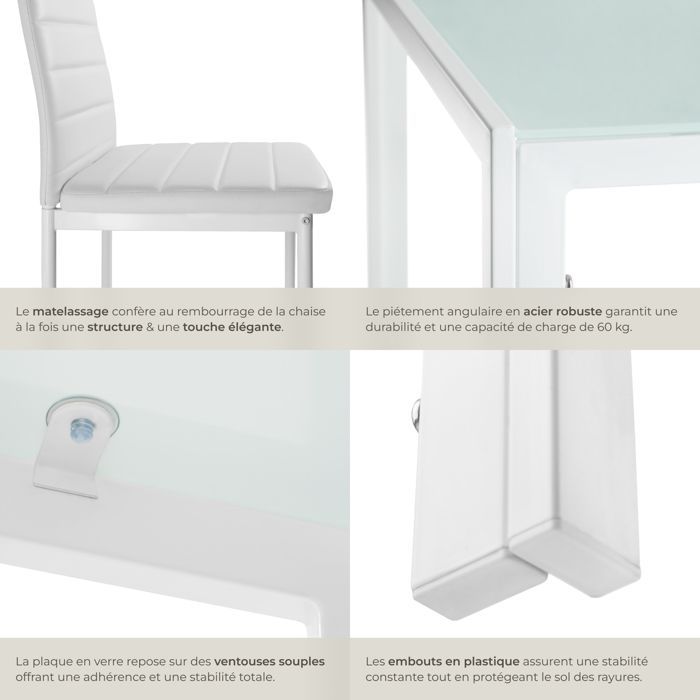 Mesa de comedor con sillas - TECTAKE - BERLIN. Conjunto de comedor con 4 sillas tapizadas en piel sintética - Blanco.