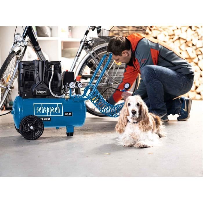 Compresor de aire silencioso Scheppach HC25Si horizontal de dos cilindros - 24 L - 1100 W - 8 bar - 1,5 CV