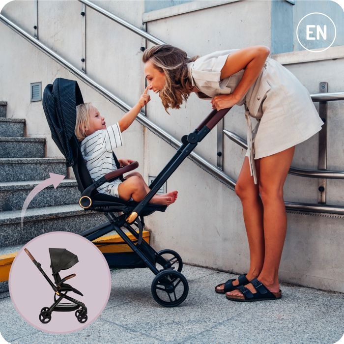 MoMi ADELLE - Poussette citadine légère 7,5 kg - Siège rotatif 360° - Dès 6 mois jusqu’à 22 kg - Noir/Doré