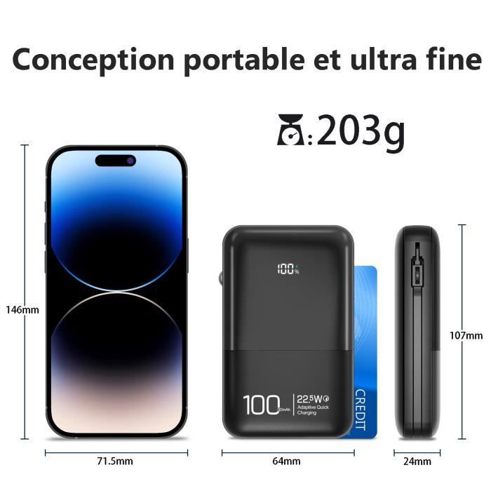 Batería externa negra de 22,5 W, mini power bank de 10000 mAh con cargador rápido, pantalla LCD/cable integrado, salida tipo C.