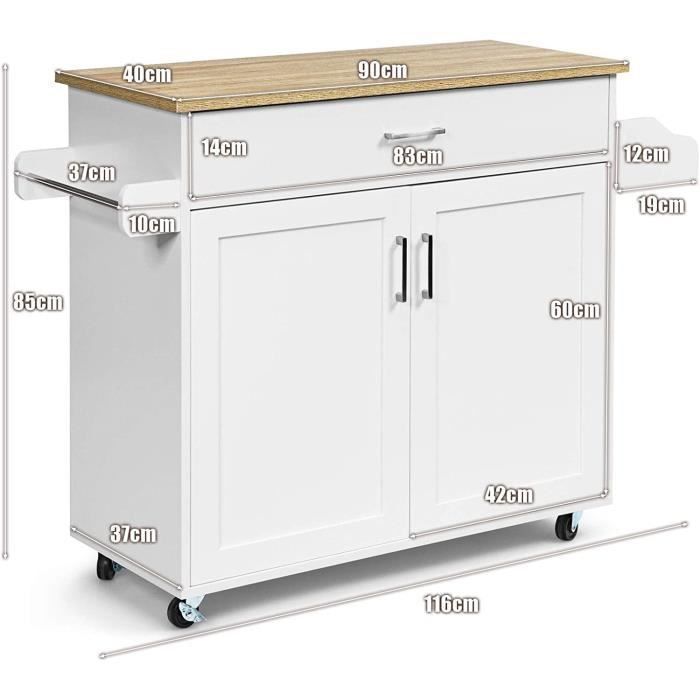 Carrito de cocina COSTWAY, isla de cocina rodante con amplio armario, cajón, especiero y toallero, color blanco.