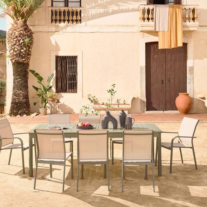 Mesa de jardín extensible de aluminio + 10 asientos de aluminio y textilene color caqui. 8 sillas. 2 sillones. 10 asientos. 290 x 100 x 75 cm