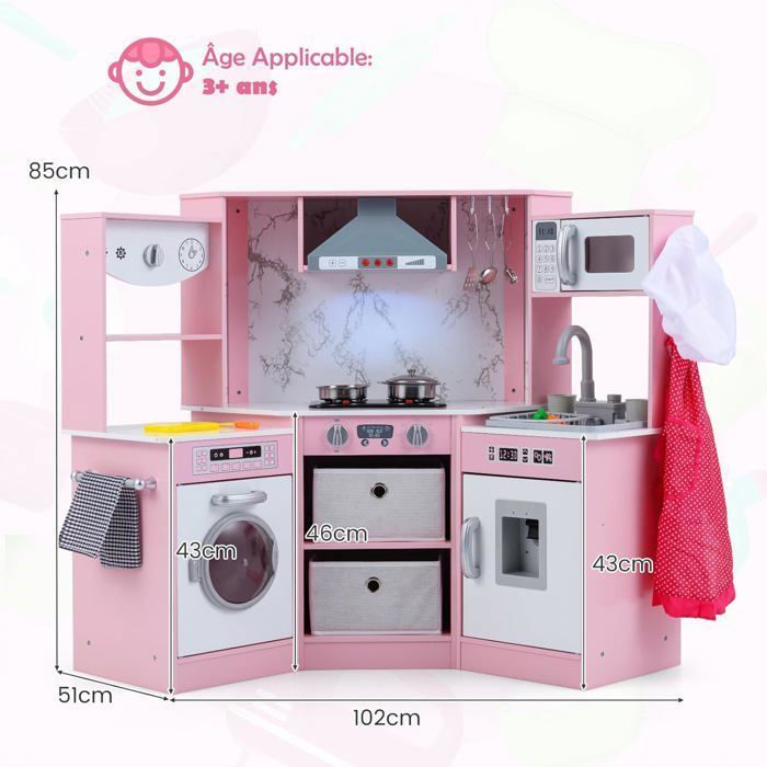 Cocina infantil COSTWAY de madera para mayores de 3 años - 17 accesorios, luces y sonidos, pizarra, regalo ideal, color rosa.