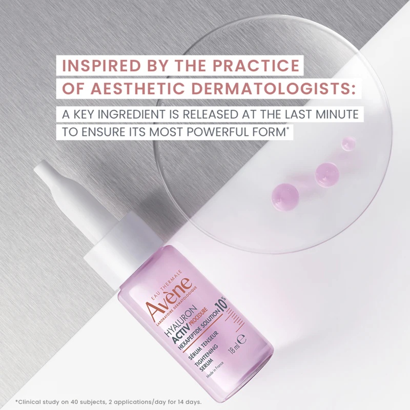 „Avène Hyaluron Activ“ procedūrinis stangrinamasis serumas – 10 % heksapeptidų tirpalo raukšles mažinantis serumas su stangrinamuoju efektu.