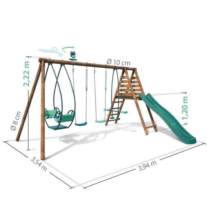 Portique en bois rond 4 agrès avec face à face et toboggan JACINTHE