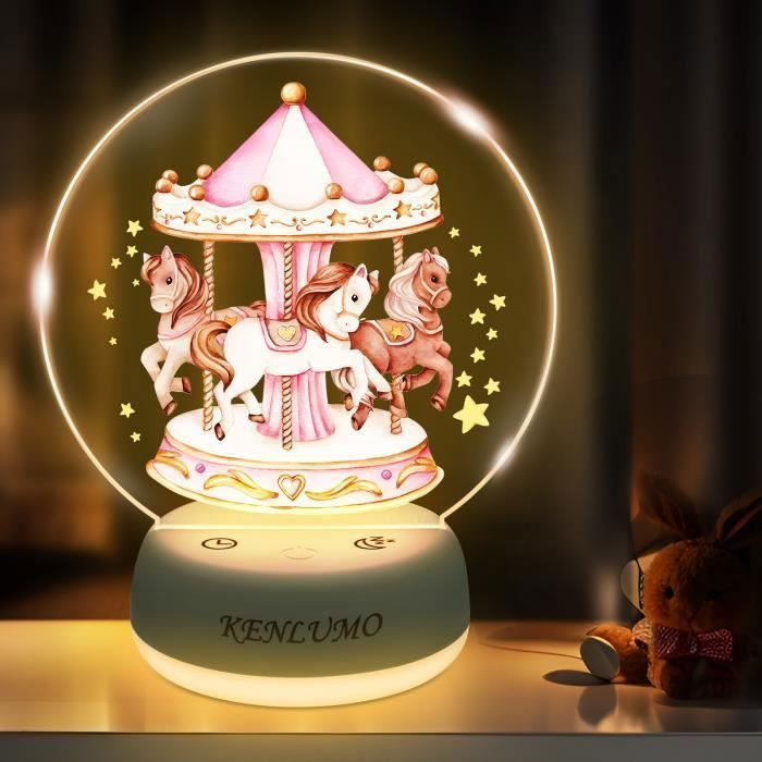 Luminária Noturna Carrossel KENLUMO para Bebê, Presente de Natal e Infantil, Luz Branca e Quente, Três Cores, Brilho Ajustável, Abajur de Cabeceira
