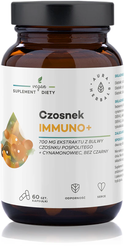 Aura Herbals Garlic Immuno+ voedingssupplementcapsules ter versterking van het immuunsysteem en ter vermindering van vermoeidheid en uitputting.
