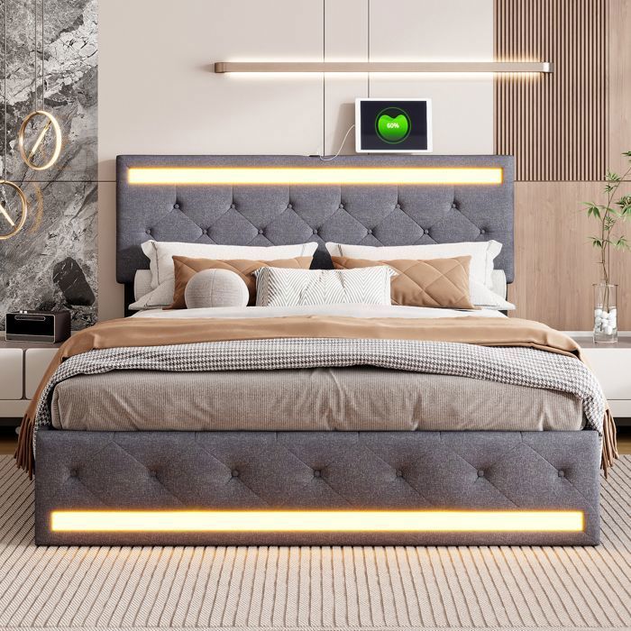 Letto matrimoniale 160 x 200 cm, letto per adulti 160x200 cm con 4 cassetti, con porta USB e illuminazione a LED, struttura letto, con testiera, grigio scuro, tessuto