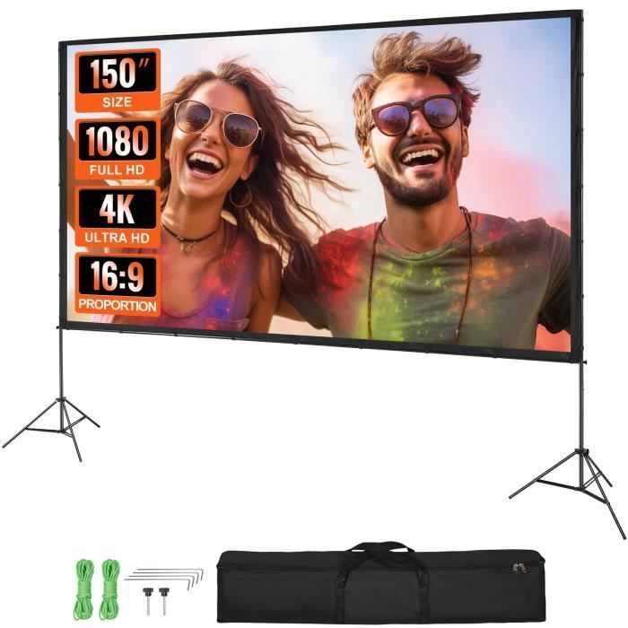 Pantalla de proyección portátil con trípode VEVOR de 150 pulgadas y formato 16:9 para proyectores de vídeo.