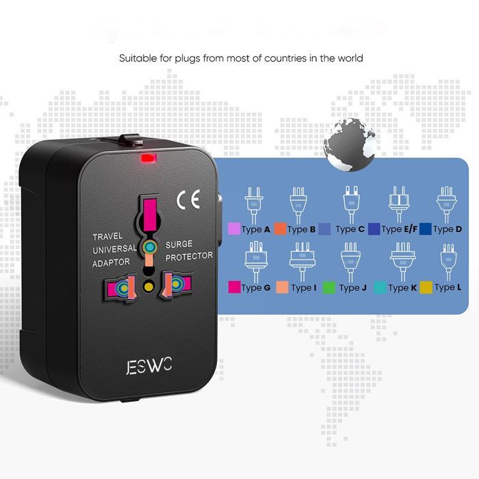 Adaptador de viaje - JESWO - Universal - 2 puertos USB - Ignífugo - 200 países