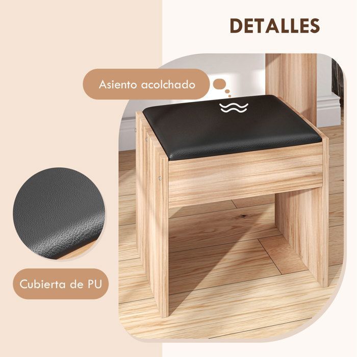 HOMCOM Coiffeuse avec Tabouret, Table de Maquillage avec Miroir, Plateau Abattant et Boîtes de Rangement, Naturelle