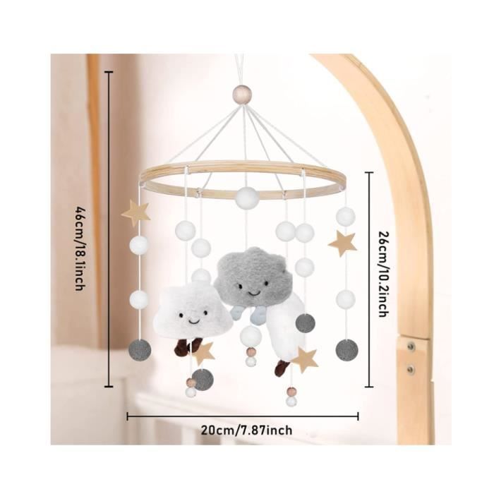 Campanillas de viento para bebé con bolas de fieltro - Nubes 3D - Campanillas de viento de madera - Para bebé - Gris