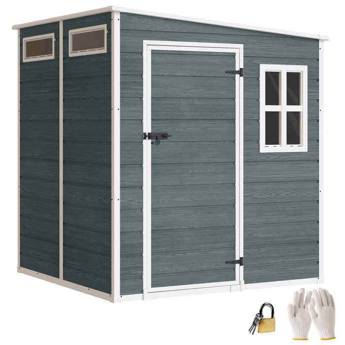 Casetta da giardino - ripostiglio - Outsunny - pavimento con struttura in alluminio, 3 finestre - resina - 182x182x183 cm - grigio effetto legno