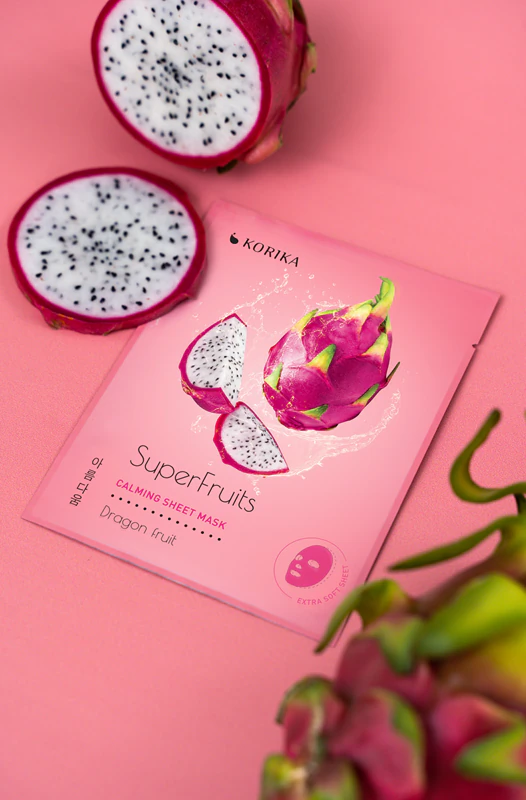 KORIKA SuperFruits Pitaya - Conjunto de 5 Máscaras Faciais Calmantes em Tecido. Um conjunto de máscaras faciais com efeito calmante e preço reduzido. Pitaya.