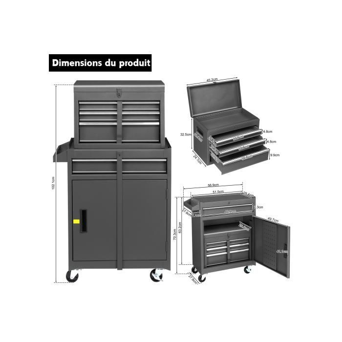 Carro de taller 2 en 1 - ALIGHTUP - Cajones y compartimentos de almacenamiento multicapa, con cerradura y asa - Negro