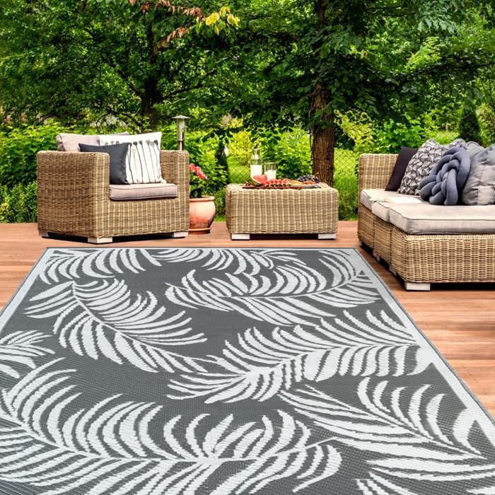 IDMARKET Tapis extérieur COCO tropical gris et blanc 180 x 280 CM
