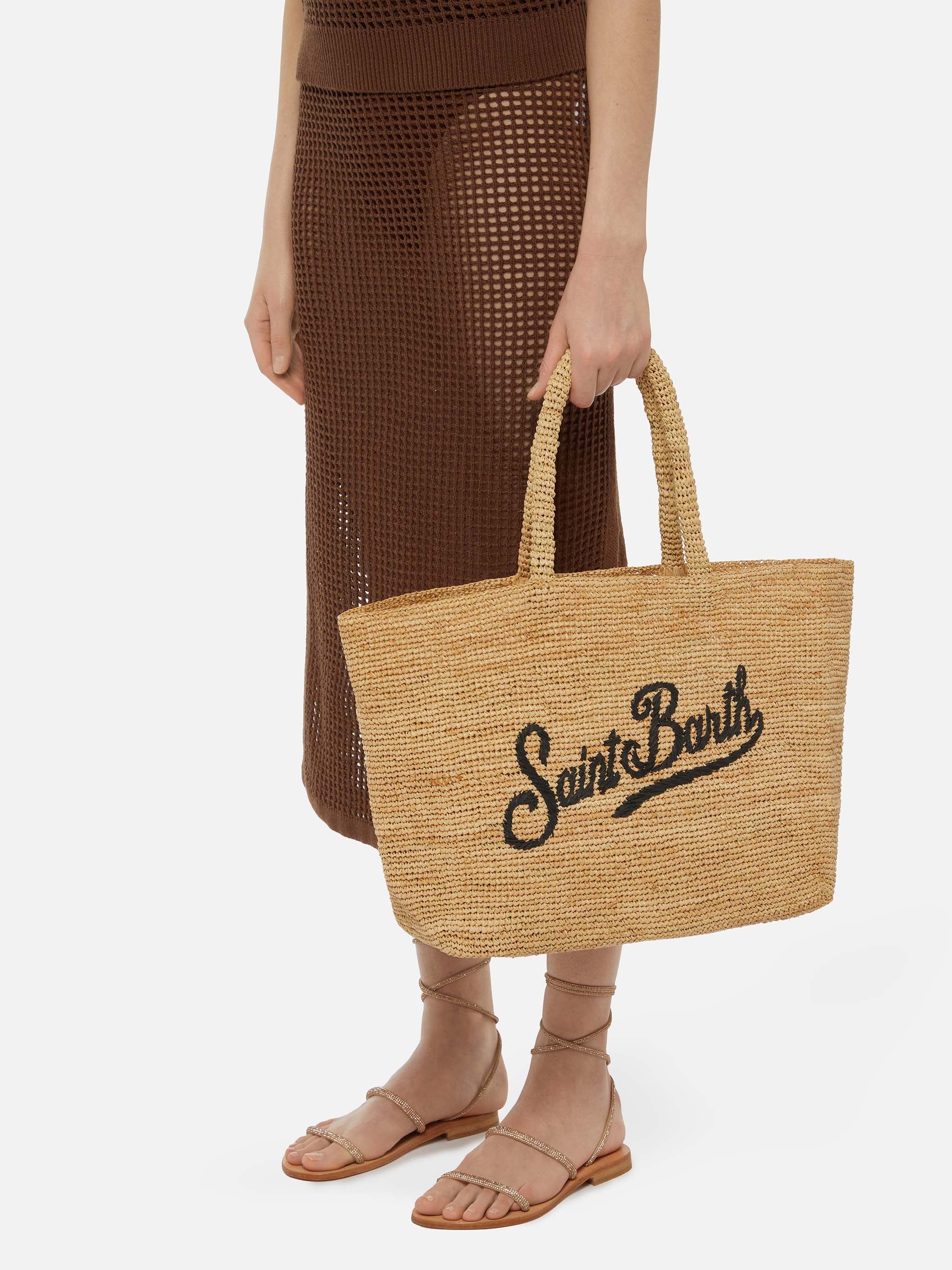 Beige raffia strandtas met katoenen binnenetui