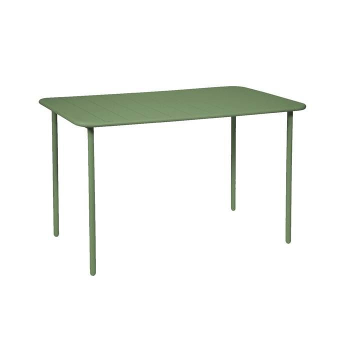 Tavolo da giardino in metallo a quattro posti. Verde. Modello Amelia. 120x70 cm. Finitura antiruggine. Doghe e bordi arrotondati.