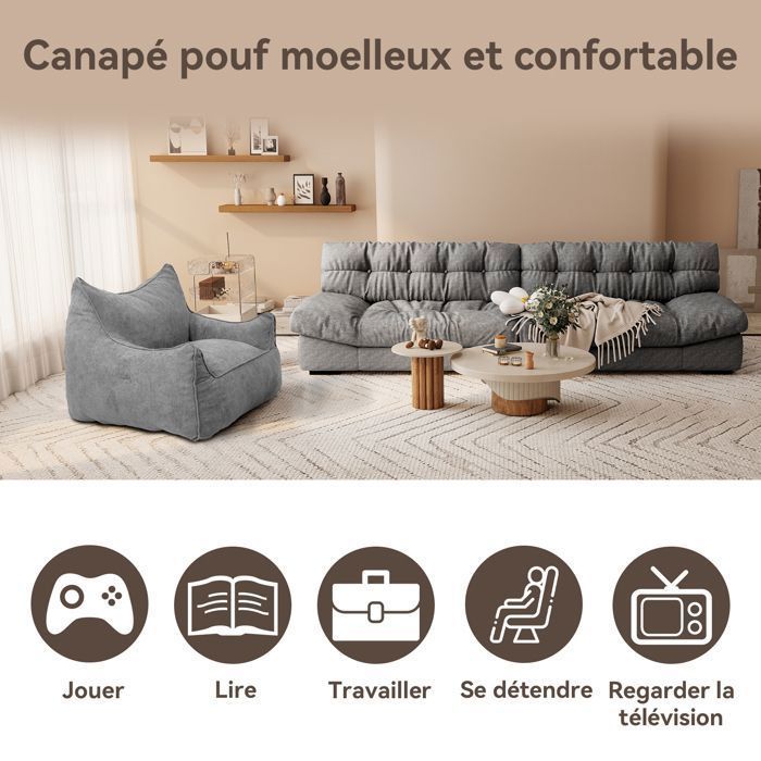 Pouf Salon Fauteuil en Velours avec Repose Pieds - 100 x 95 cm - Canapé, Poire, Chaise longue - Chambre, Gris