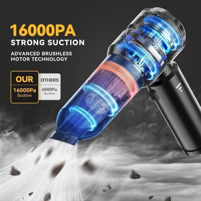 120-W-Akku-Handstaubsauger mit HEPA-Filter – Leistungsstarker, kabelloser Autostaubsauger – HYKJSIDE – 16.000 Pa – LED-Anzeige – 6.000 mAh – Schwarz