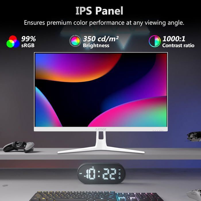 Monitor Gamer Z-Edge UG24PJ Branco de 24 polegadas, IPS 240Hz, 1ms, 1920x1080, FreeSync, Full HD, proporção 16:9, brilho de 350 cd/m², HDR, HDMI, DP