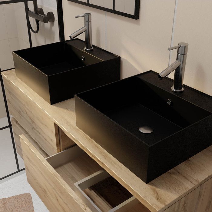 Mueble de baño de 120 cm con 4 cajones en roble natural - 2 lavabos cuadrados de 41x41x15 cm en color negro.