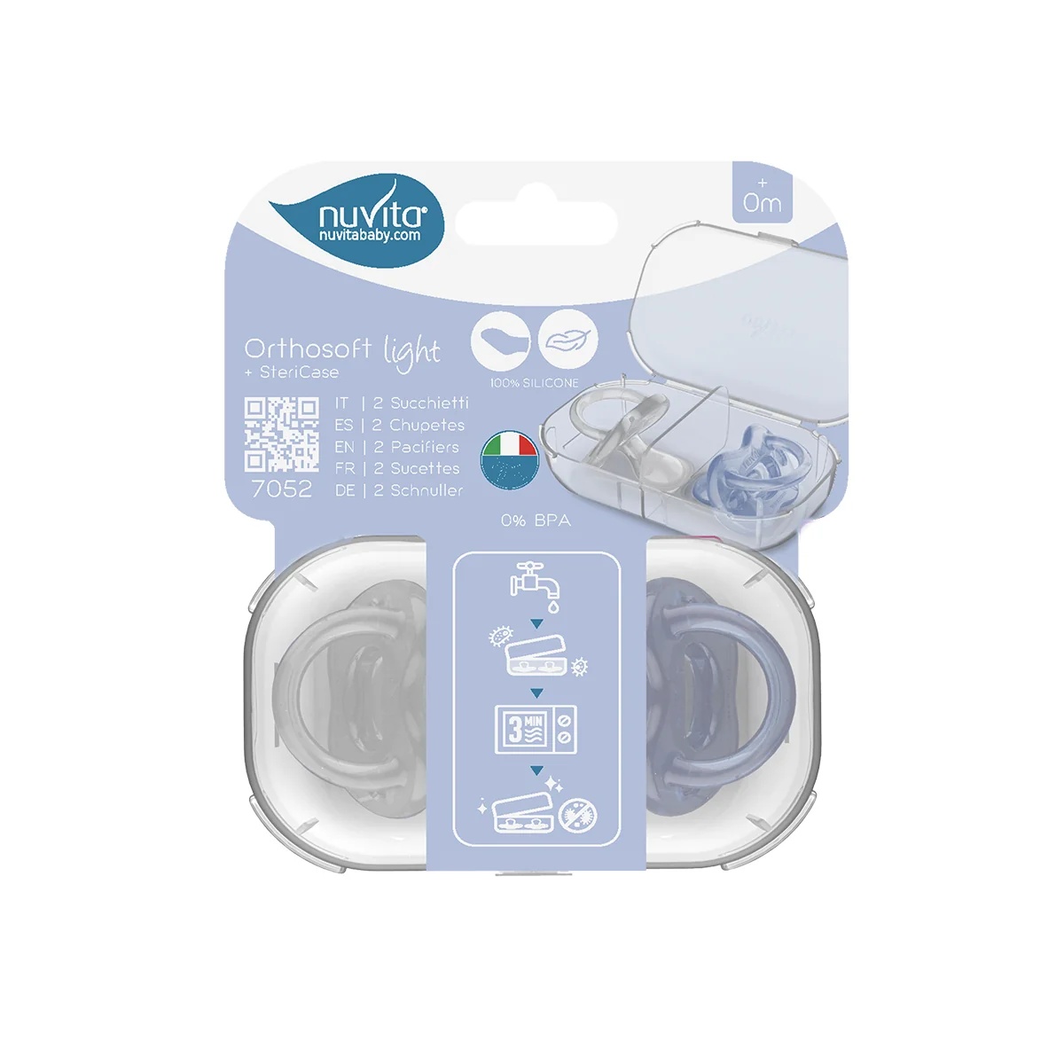 NUVITA Nuvita Orthosoft Light 2 chupetes de silicona con tetina ortodóncica, azul, 0+ meses