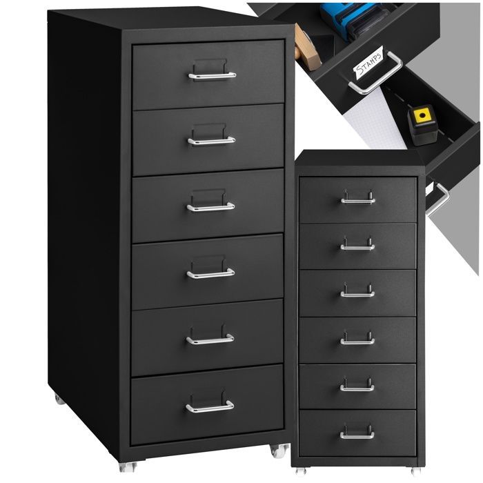 Office pedestal - TECTAKE - Rolling cart with 6 steel drawers and label inserts 41 x 28 x 69 cm - Black