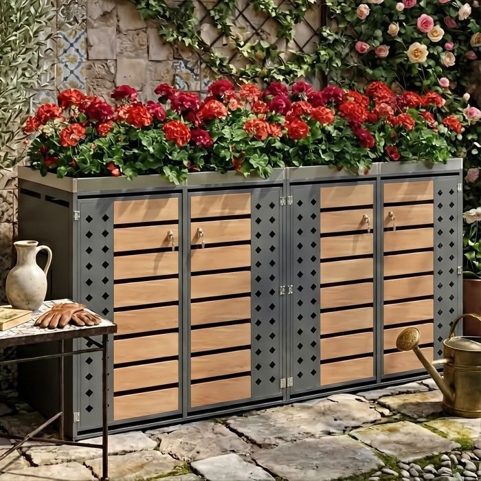 Cache-Poubelle Quadruple 132×80×124.5cm - Bac à Fleurs - Tri Sélectif & Verrouillable - Acier Galvanisé Bois