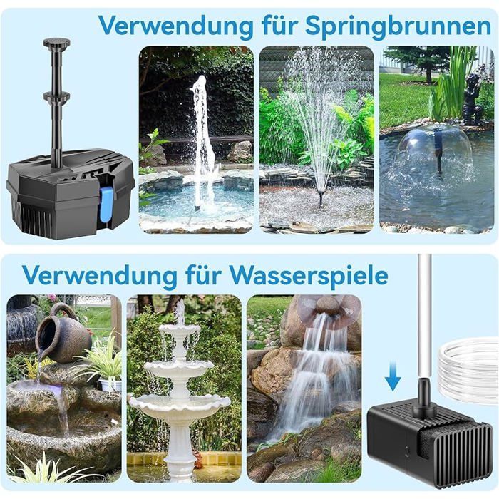 Fontaine solaire avec filtre de bassin - Fontaine solaire 8 W et batterie de secours de 3000 mAh - 8 modes de