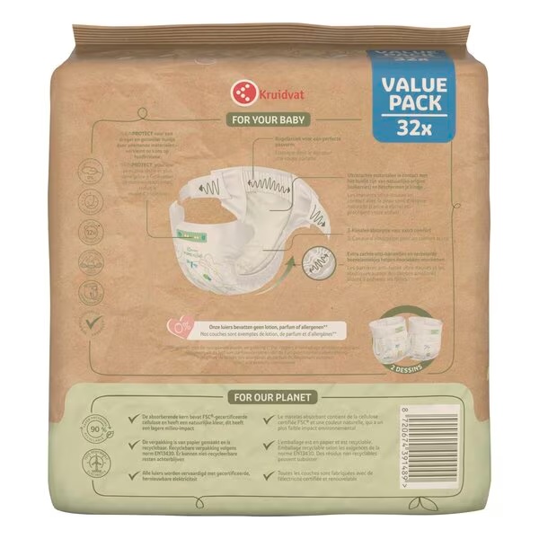 Plenice Kruidvat Pure & Soft, velikost 5, srednje pakiranje, velikost 5 (10–16 kg), 32 kosov