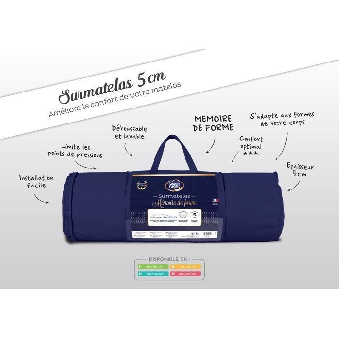 Surmatelas Mémoire de Forme - Sweetnight - 5 cm - Viscoélastique - Déhoussable - Lavable