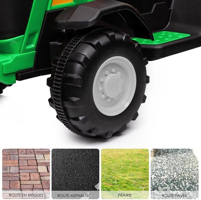 Tractor eléctrico de 12 V para niños con remolque desmontable y dos motores de 35 W - BALOVEBY - Verde - A partir de 18 meses - 30 kg