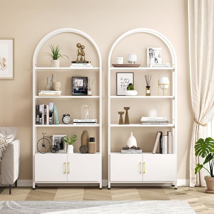 Estantería de 4 niveles, 182 cm, con cajones, estante alto con patas, estructura metálica, color blanco. Mueble de almacenamiento para salón.