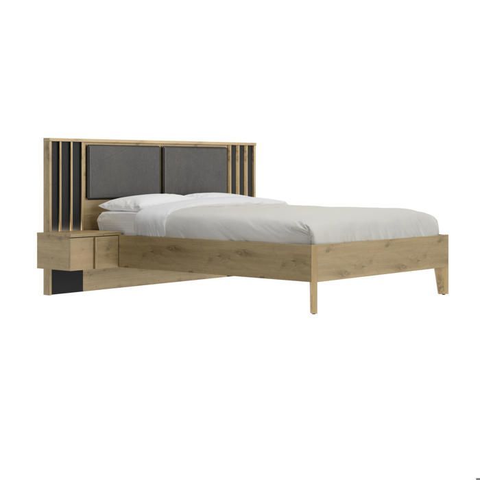 Cama de 140 cm x 200 cm con mesitas de noche e iluminación LED en efecto madera de roble beige.