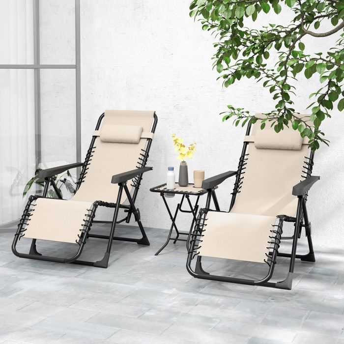 Lot de 2 chaise longue pliable et inclinable avec table d'appoint - Outsunny - porte-gobelets et appuie-têtes - charge 120kg - beige