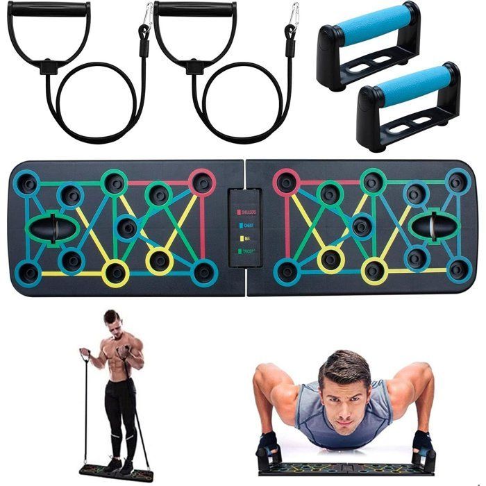 Tabla multifuncional para flexiones 17 en 1 - Tabla plegable para flexiones - Con 2 bandas de resistencia para entrenamiento de fuerza y deportes en casa