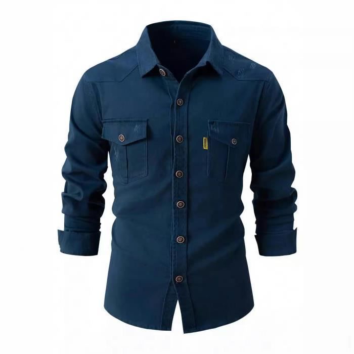 Camisa de algodón para hombre, manga larga, corte regular, camisa militar informal con bolsillos, color liso, cómoda - Negro