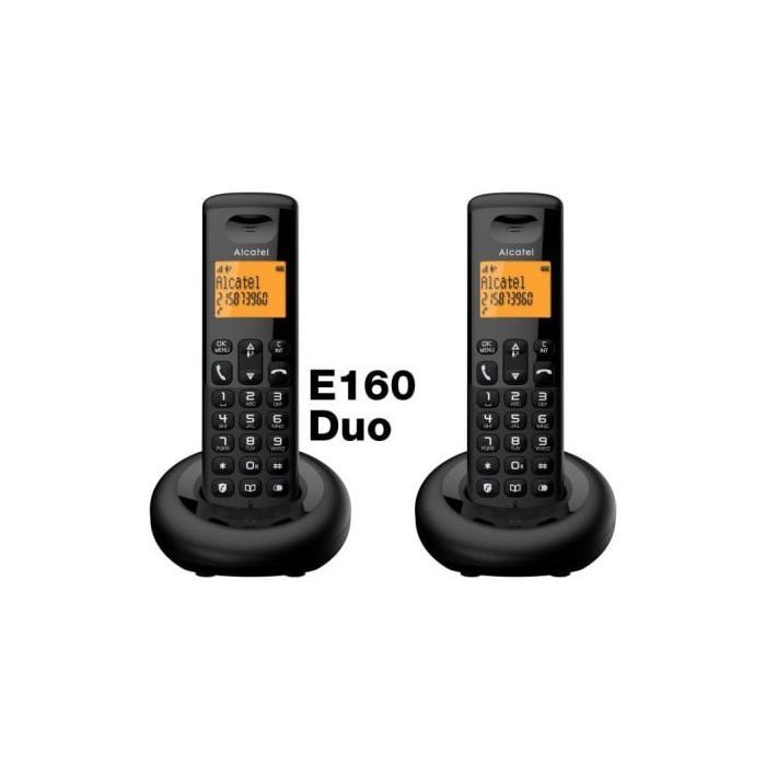 Teléfono inalámbrico DECT Alcatel E160 Duo negro con bloqueo de llamadas no deseadas, pantalla grande retroiluminada naranja, fácil de usar.