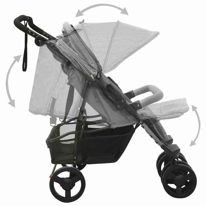 Poussette double - vidaXL - Gris clair - Acier - Pliable - Multi-positions